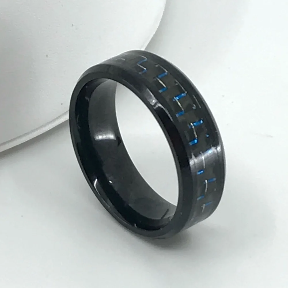 Mens Black Ceramic Carbon Fiber Stainless Steel Ring With Blue Accents Size 11.5